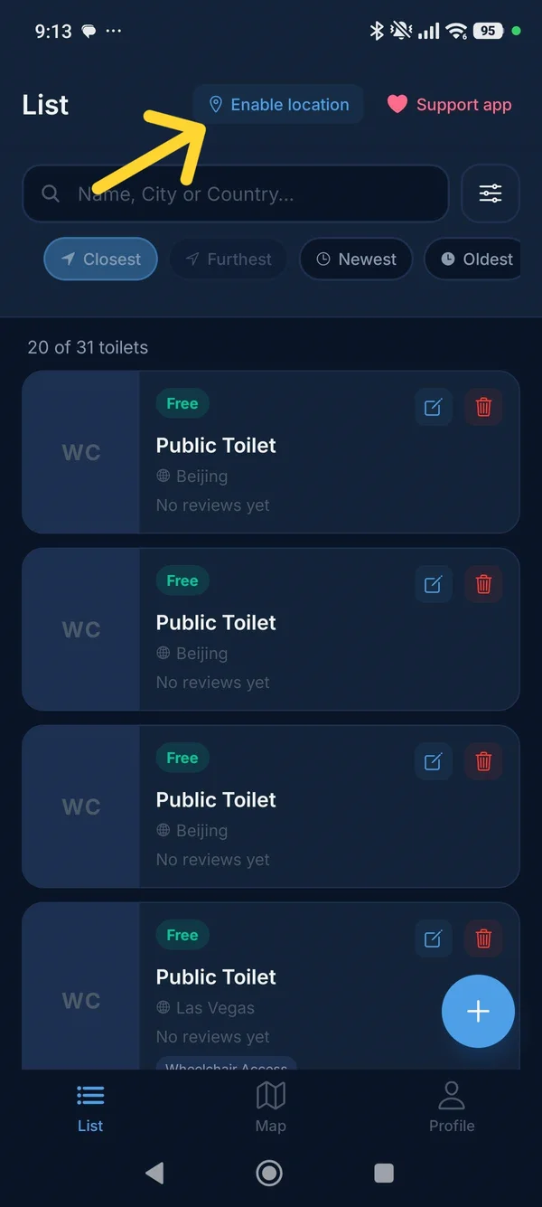 WC Finder List tab showing the Enable location button highlighted