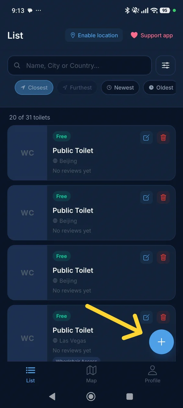 WC Finder List tab with the blue + add button highlighted in the bottom right