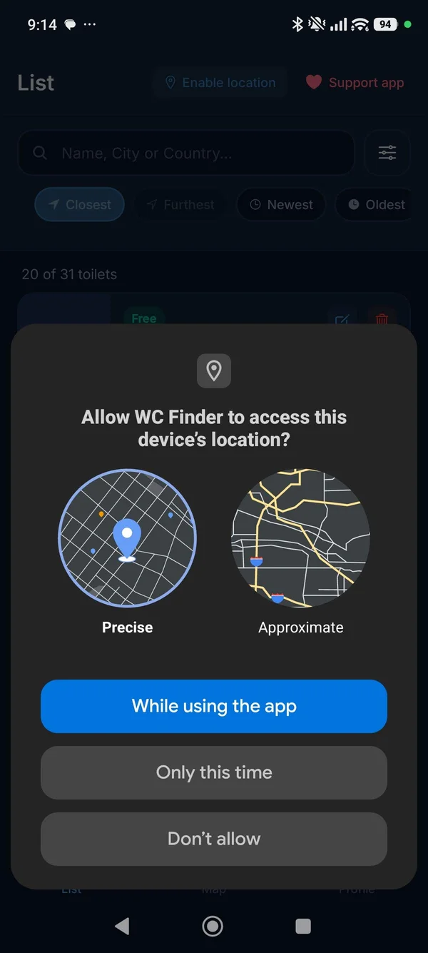 Android location permission dialog asking to allow WC Finder to access device location