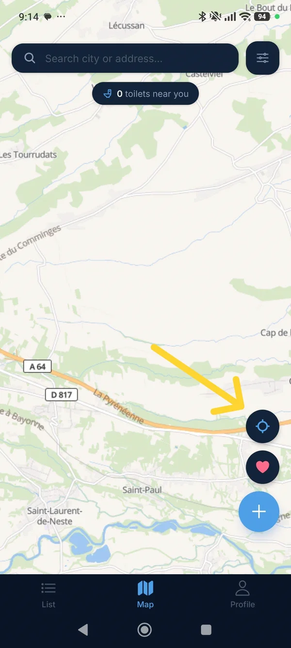 WC Finder Map tab with the crosshair location button highlighted and 0 toilets near you shown