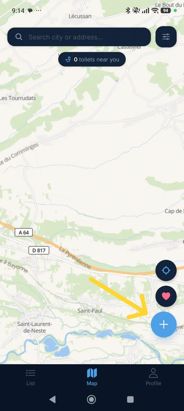 WC Finder Map tab with the blue + add button highlighted in the bottom right
