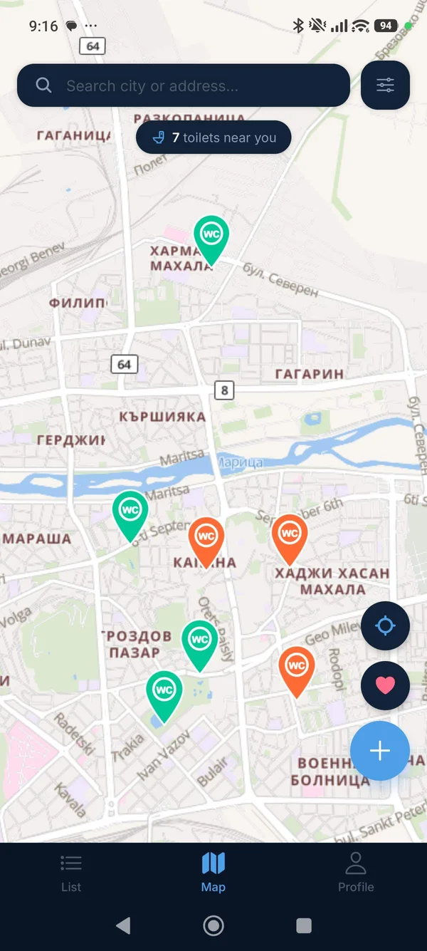 WC Finder map showing 7 toilets near you with green and orange pins across Plovdiv city