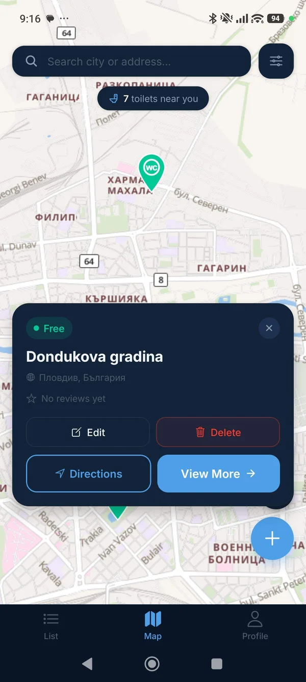 WC Finder map with a popup card showing Dondukova gradina toilet — Free badge, Edit, Delete, Directions and View More buttons
