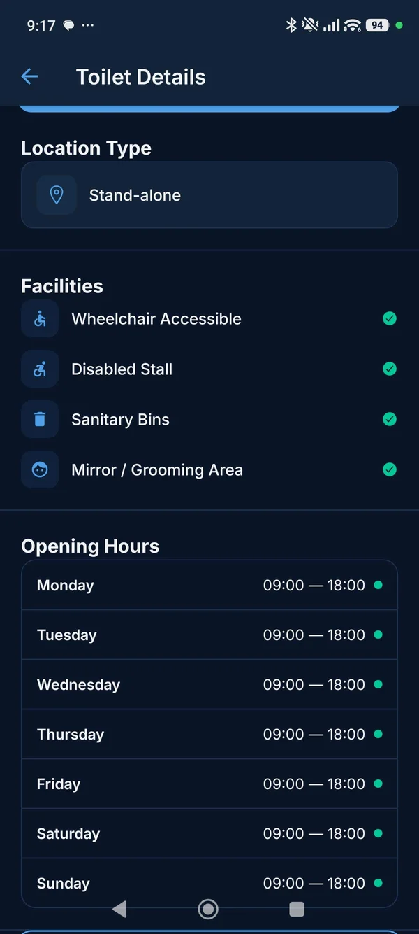Toilet Details page showing facilities (Wheelchair Accessible, Disabled Stall, Sanitary Bins, Mirror) and opening hours Mon–Sun 09:00–18:00