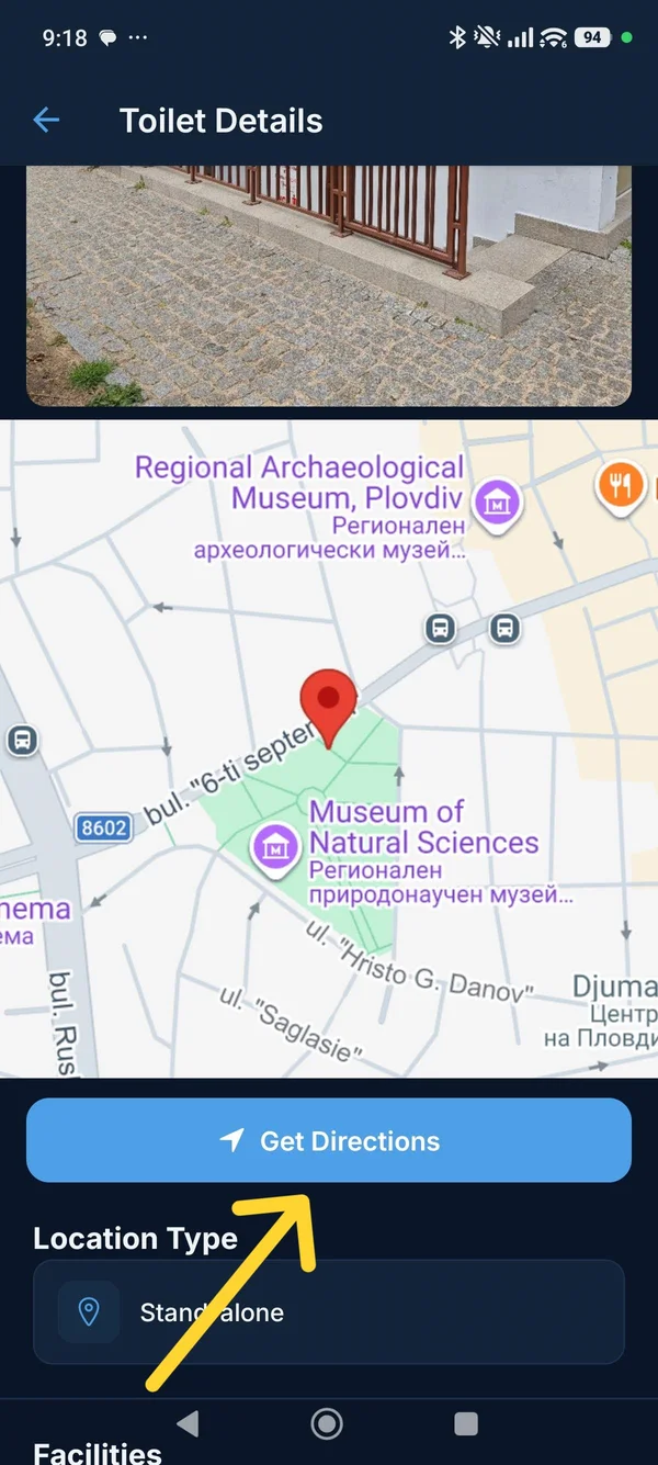 Toilet Details page showing a Google Maps mini-map with the toilet pinned and a Get Directions button highlighted