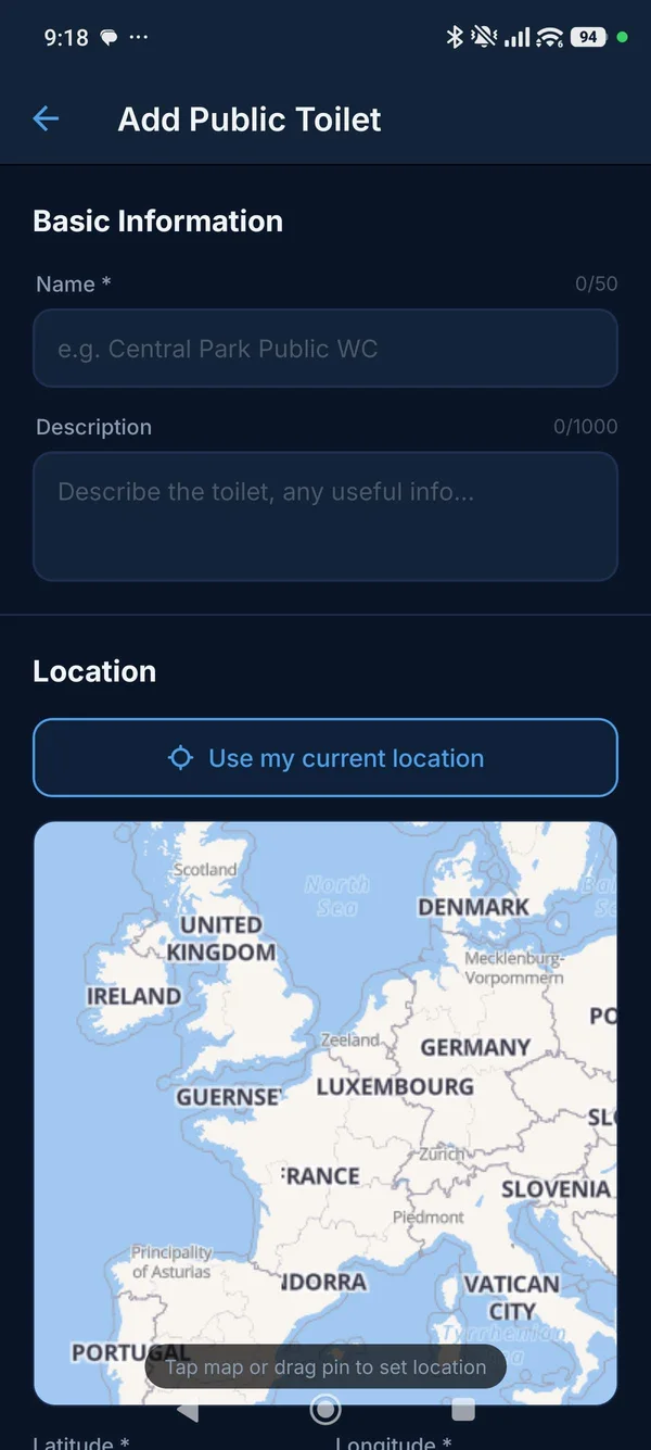 Add Public Toilet form showing Name and Description fields and a map picker with Use my current location button