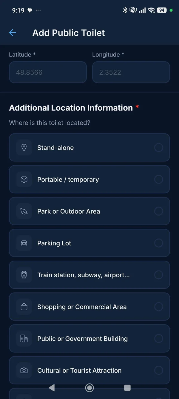Add Public Toilet form showing location type options: Stand-alone, Portable, Park, Parking Lot, Train station, Shopping area, Government building, Cultural attraction