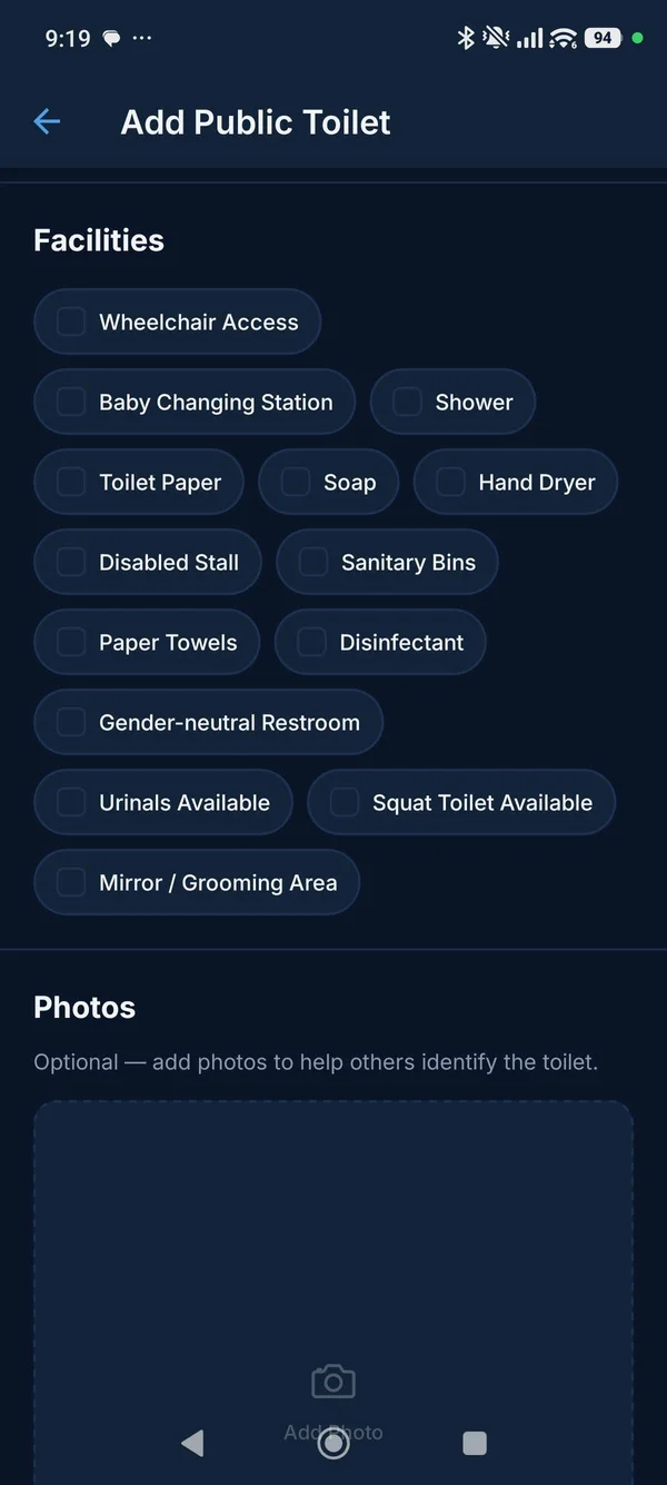 Add Public Toilet form showing facility checkboxes (Wheelchair Access, Baby Changing, Toilet Paper, Soap, Hand Dryer, Disabled Stall, etc.) and a photo upload area
